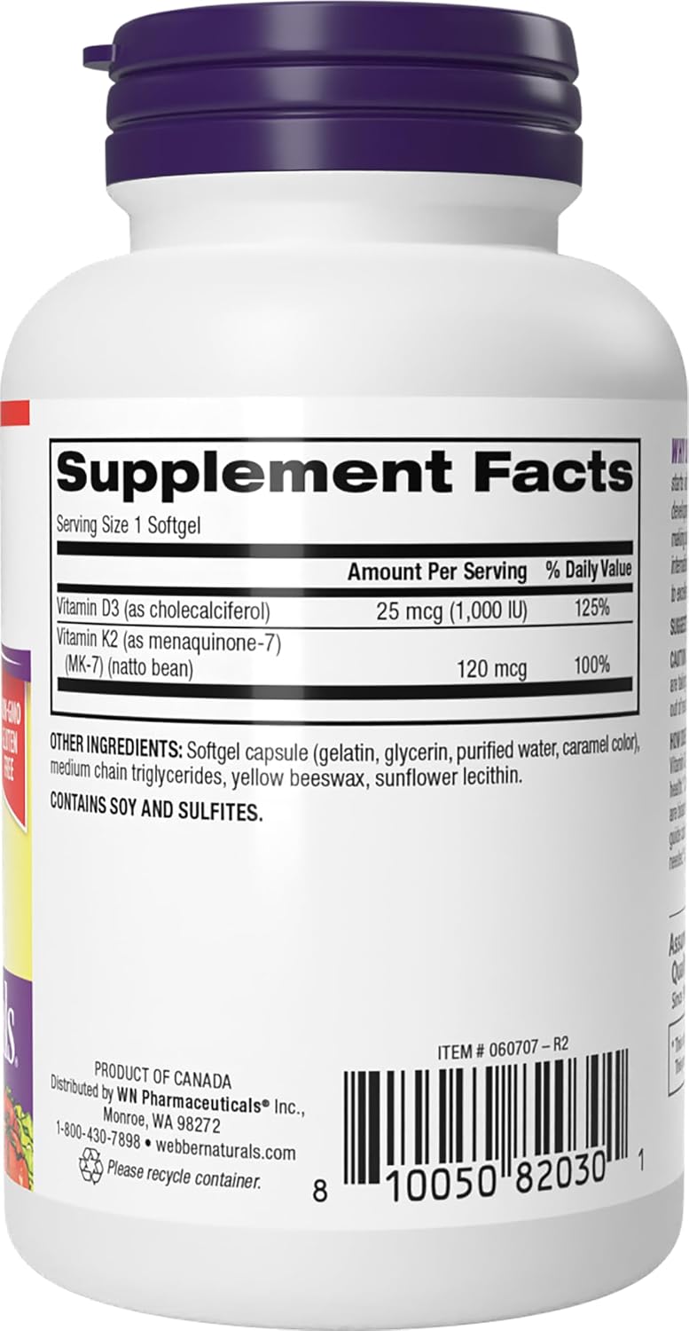 Webber Naturals Vitamin D3 K2 Supplements, 1,000 IU / 120mcg, 90 Softgels - görsel 8