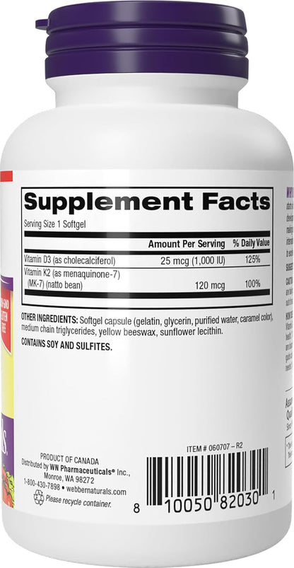 Webber Naturals Vitamin D3 K2 Supplements, 1,000 IU / 120mcg, 90 Softgels