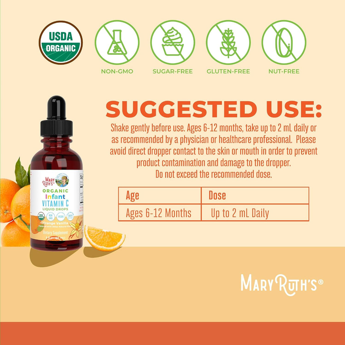 MaryRuth's Infant & Baby Vitamin C Supplement | USDA Organic Vitamin C Liquid Drops for Infants | Ages 6-12 Months | Immune Support | Overall Health | Vegan | Non-GMO | Gluten-free | 60 ml - görsel 3