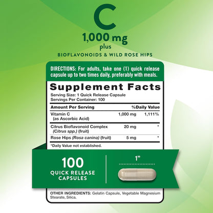 Nature's Truth Vitamin C 1000mg with Wild Rose Hips & Bioflavonoids – 100 Capsules