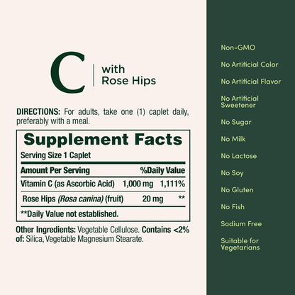 Nature's Bounty Vitamin C with Rose Hips, 1000 mg, 100 Coated Caplets