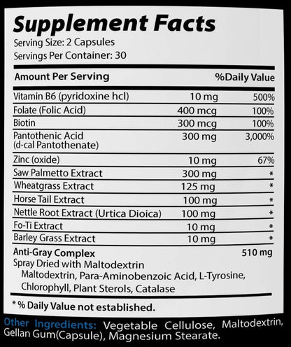 Anti-Grey Advanced Hair Formula - Hair Colour Support Supplement with Catalase, Amino Acids & Minerals - 60 Capsules