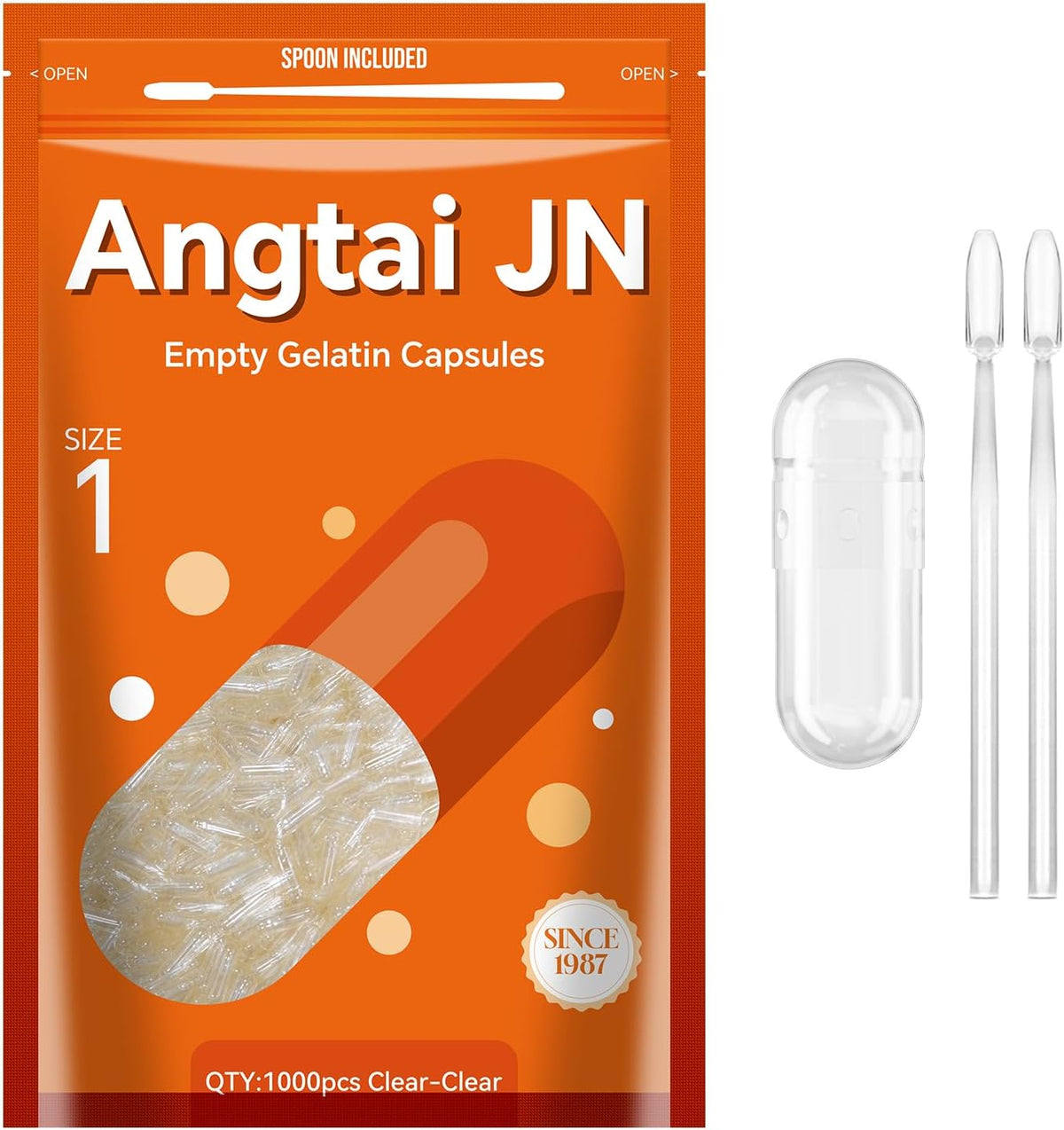 Capsules Size 1 Empty Gelatine Pill Gel Caps Pure Bovine Clear (1,000 Count) Gluten-free, Non-GMO, Halal Certified Filling Kit with 2 Spoons for DIY Your Own Supplements - görsel 1