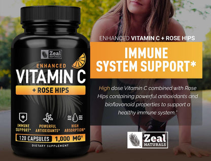 Vitamin C with Rose Hips 1000mg – Pure Ascorbic Acid Capsules for Immune Support
