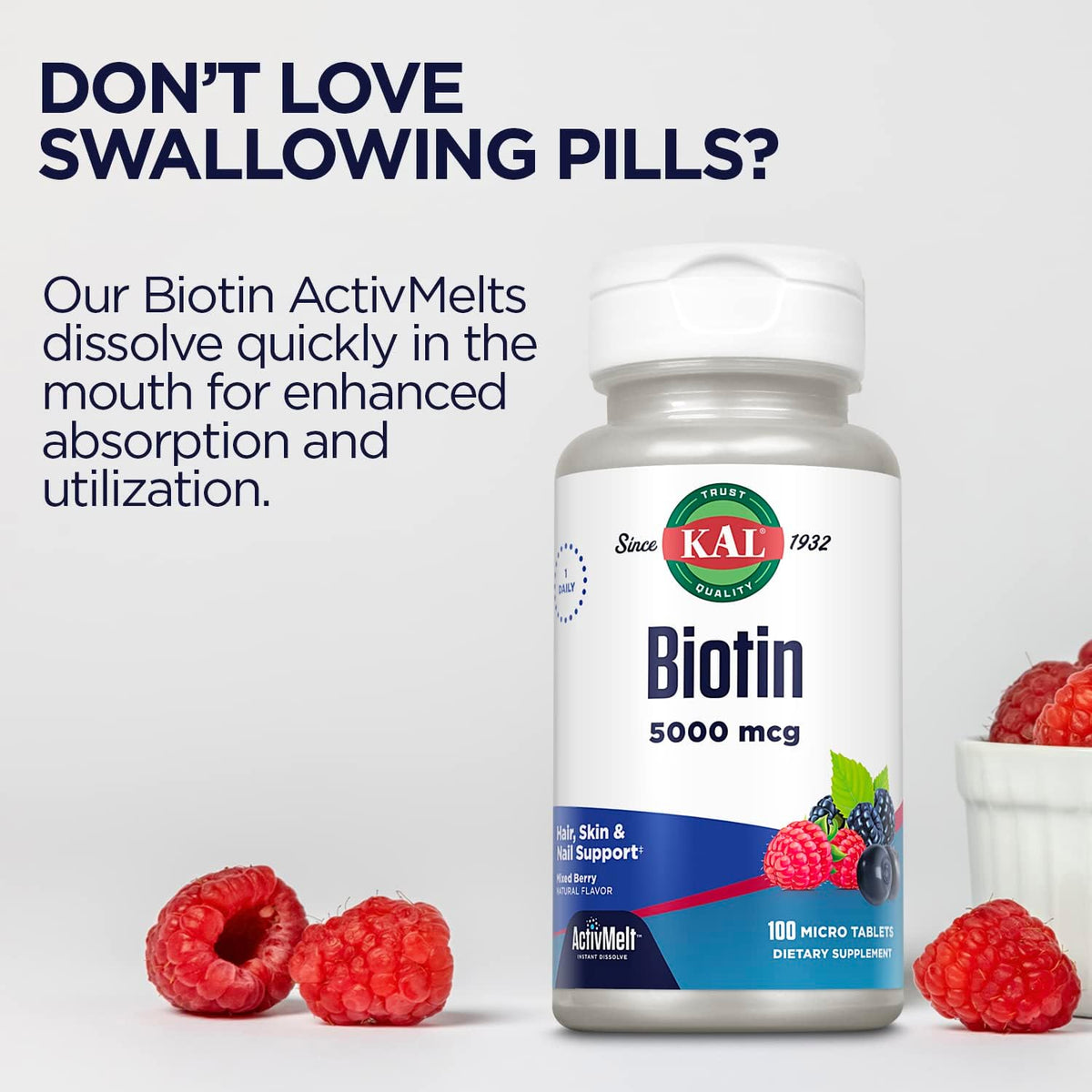 KAL 5000 mcg Biotin Tablets, Mixed Berry, 100 Tablets - görsel 5
