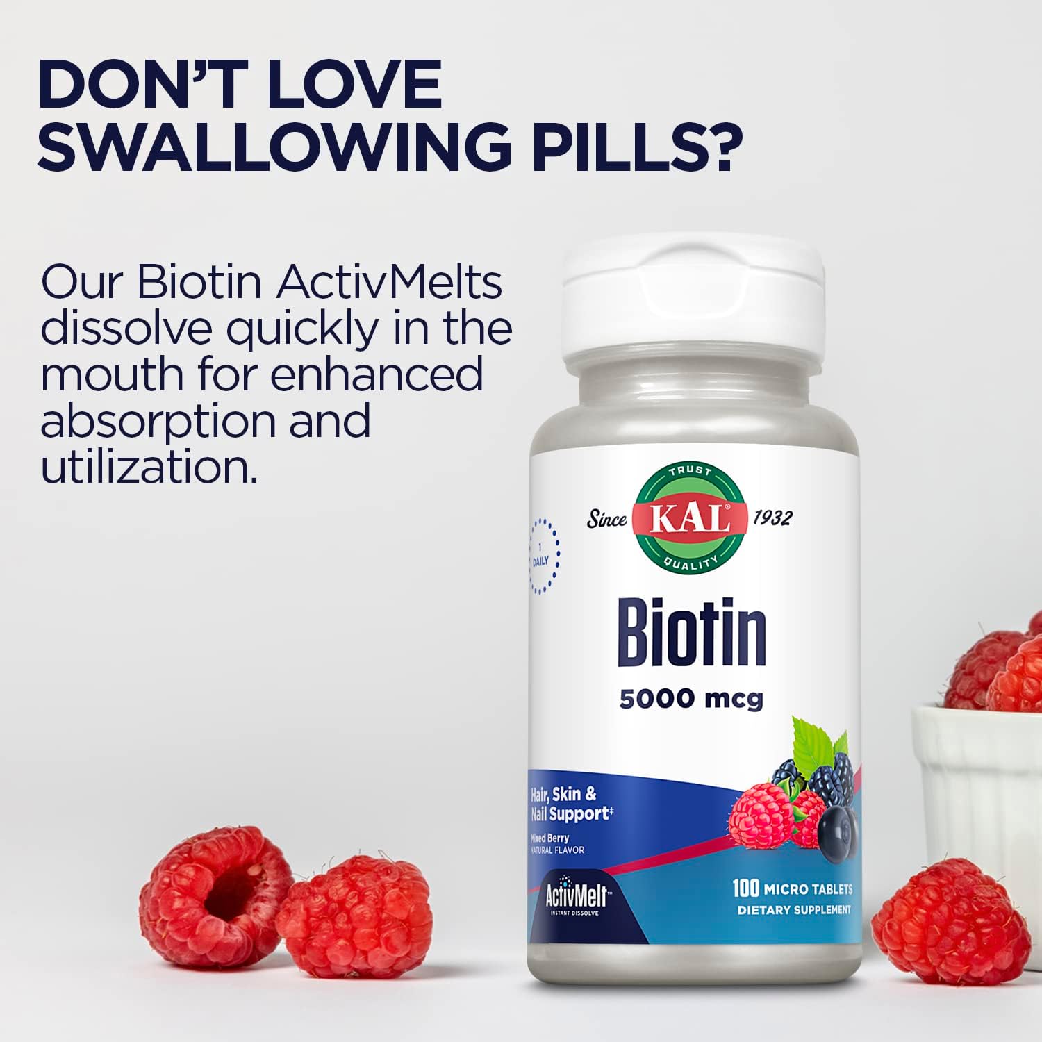 KAL 5000 mcg Biotin Tablets, Mixed Berry, 100 Tablets - görsel 5
