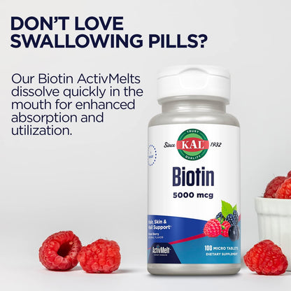 KAL 5000 mcg Biotin Tablets, Mixed Berry, 100 Tablets