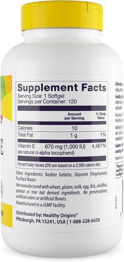 Healthy Origins Vitamin E, 1,000 IU (Natural) Mixed Tocopherols - Gluten-Free & Non-GM - 120 Softgels