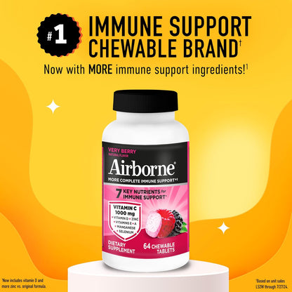 Airborne Berry Chewable Tablets - 64 Tablets - 1000mg Vitamin C Immune Support