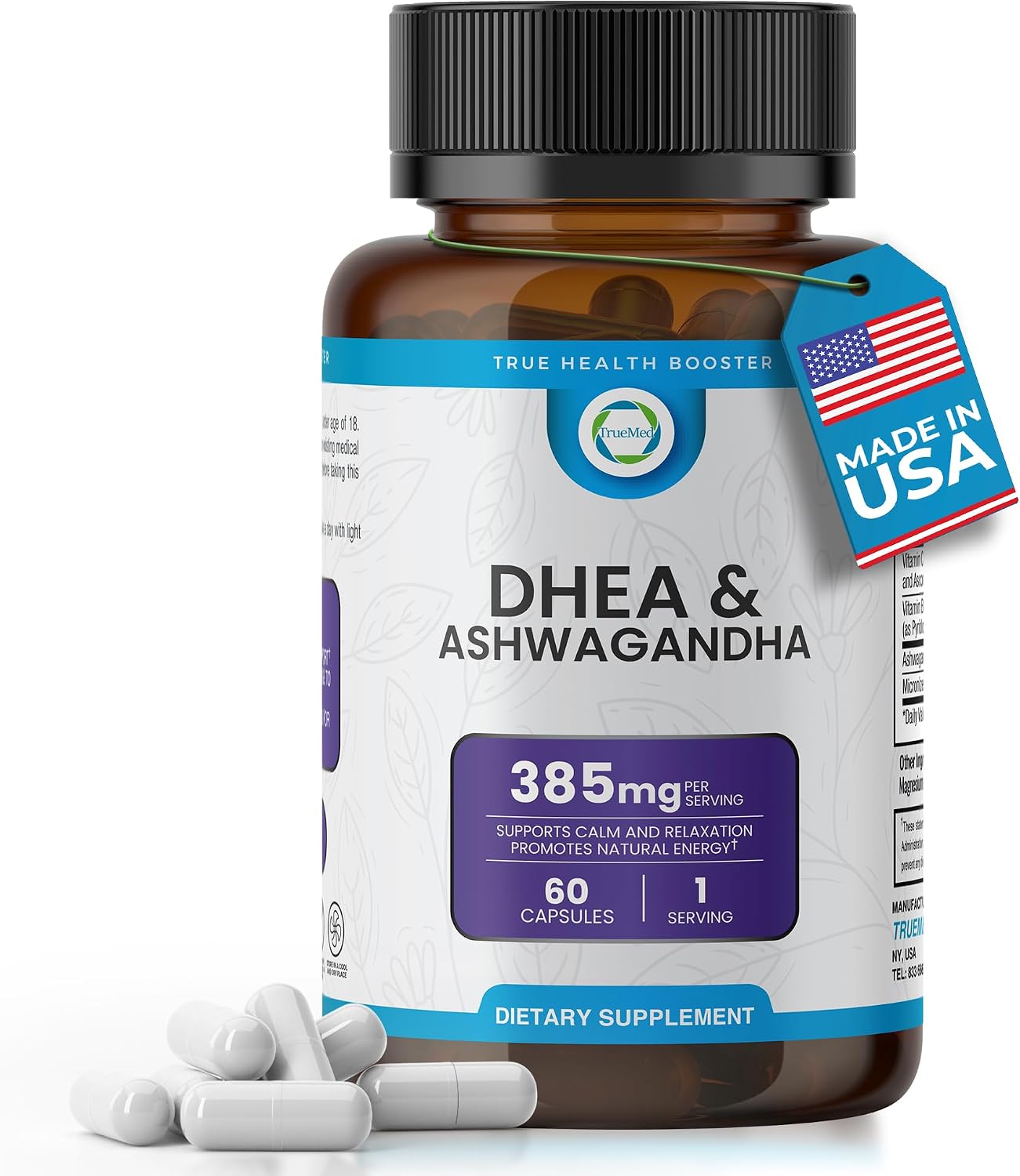 TRUEMED DHEA & Ashwagandha Supplement – 385mg Blend with Ashwagandha 250mg, DHEA 10mg, Vitamin C & B6 – 60 Vegan Capsules - görsel 1