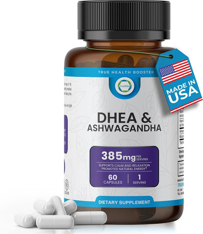 TRUEMED DHEA & Ashwagandha Supplement – 385mg Blend with Ashwagandha 250mg, DHEA 10mg, Vitamin C & B6 – 60 Vegan Capsules