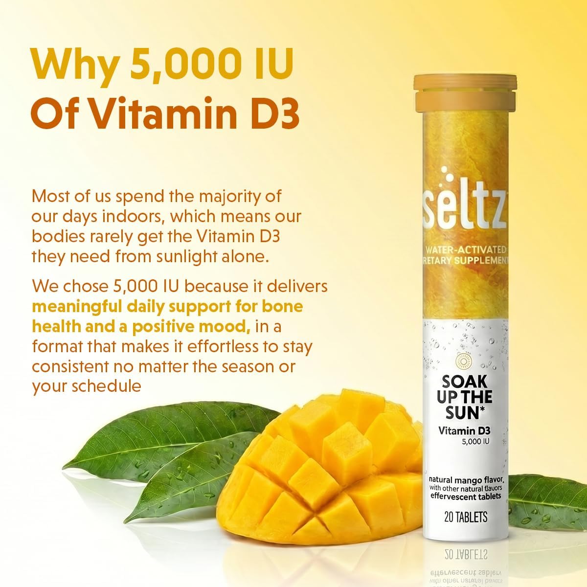 Seltz Vitamin D3 Drink Tablets - 5000 IU Effervescent, Mango & Orange, 120 Tablets - görsel 3