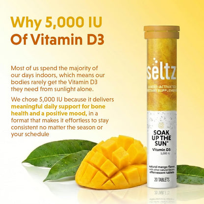 Seltz Vitamin D3 Drink Tablets - 5000 IU Effervescent, Mango & Orange, 120 Tablets