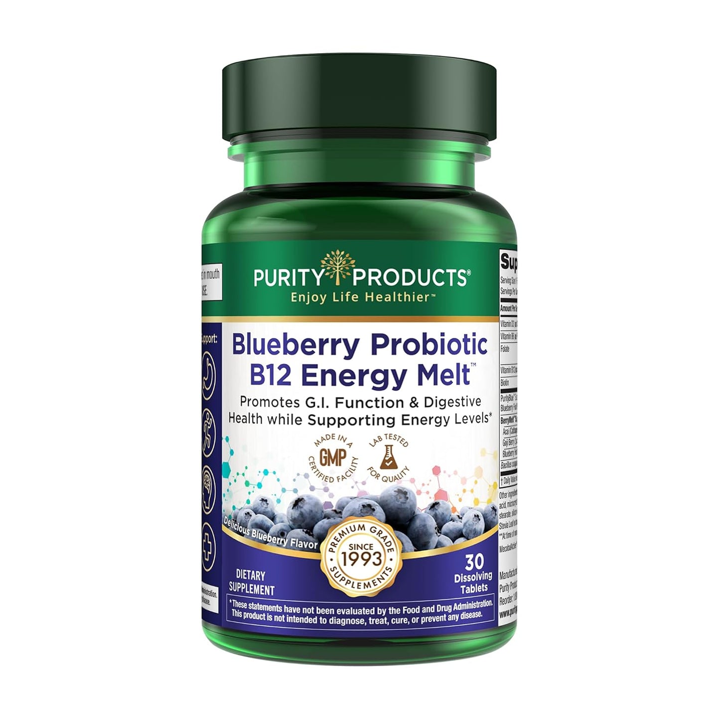 Purity Products Blueberry Probiotic B12 Energy Melt - Organic Blueberries, Methylcobalamin B12, 30 Melts - görsel 1