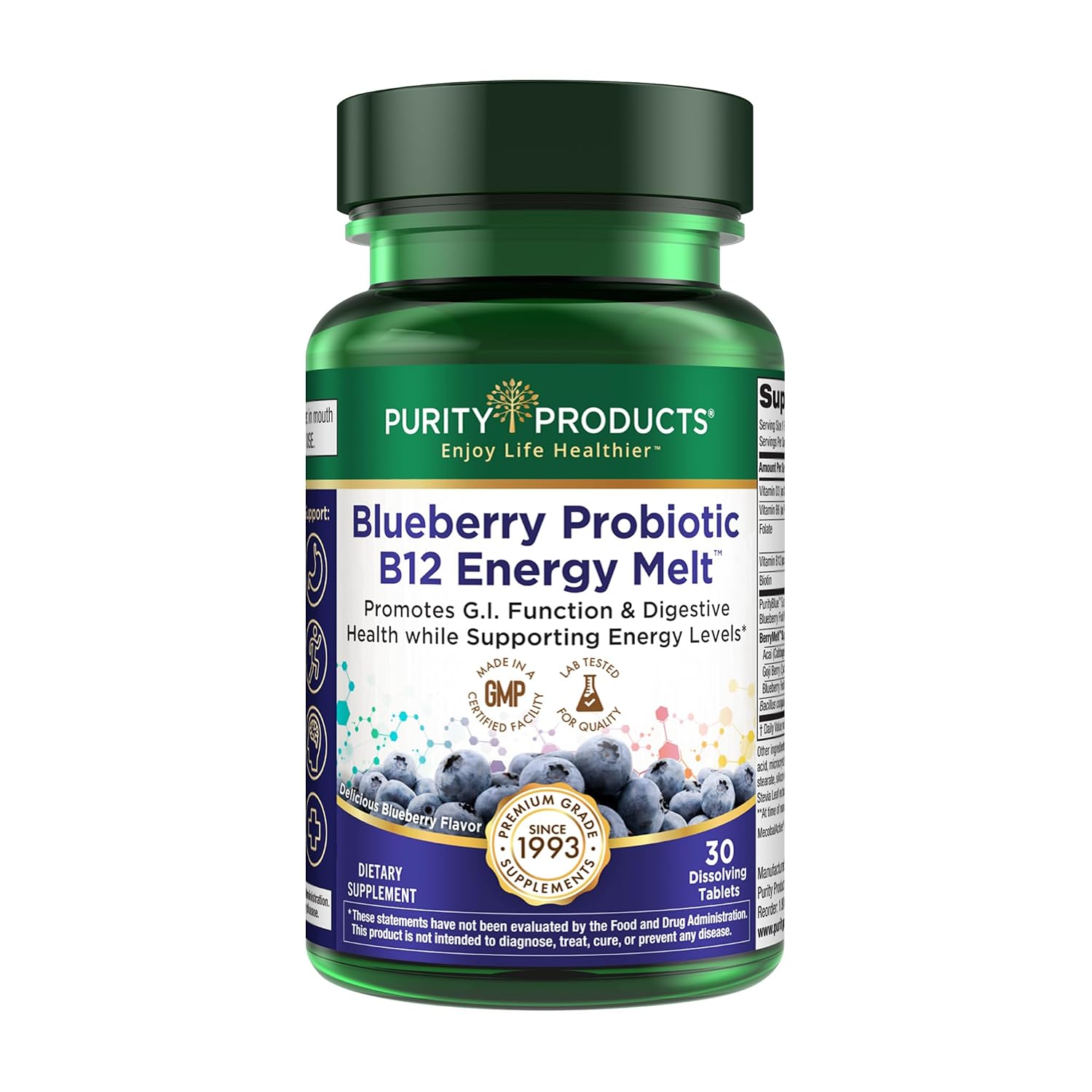 Purity Products Blueberry Probiotic B12 Energy Melt - Organic Blueberries, Methylcobalamin B12, 30 Melts - görsel 1