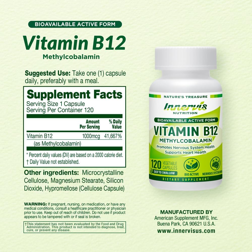Methyl B12 1000mcg (120 Caps) – High Absorption Methylcobalamin for Sustained Energy, Nerve & Heart Health* – Vegan Vitamin B12 by Innervis Nutrition - görsel 2