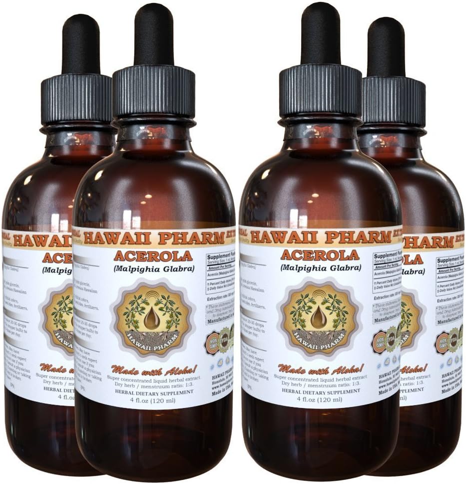 Hawaii Pharm Acerola Liquid Extract, Acerola (Malpighia Glabra) Dried Berry Powder Tincture Herbal Supplement, 4 x 4 oz - görsel 1