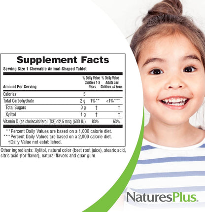 Natures Plus Animal Parade Sugar-Free Children's Vitamin D3 - 500 IU - Black Cherry Flavour - 90 Chewable Animal Shaped Tablets