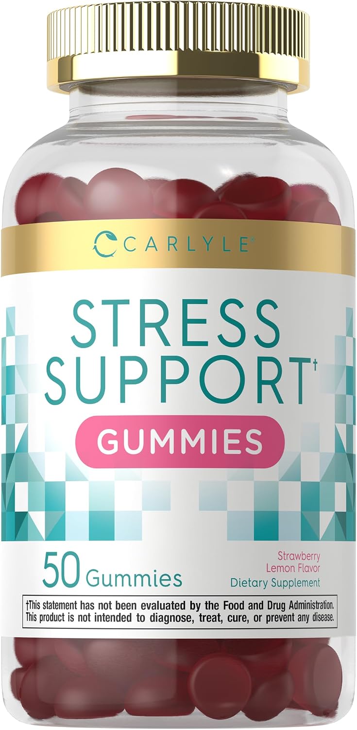 Carlyle Stress Support Supplement Gummies - 50 Count - with GABA and L-Theanine - Strawberry Lemon Flavour - Non-GMO & Gluten-free - görsel 1