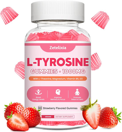 Zetelixia L-Tyrosine Gummies 2-Pack - 10-in-1 Food Supplement with L-Theanine, B6, D3, Ashwagandha - Strawberry Flavour (120 Count)