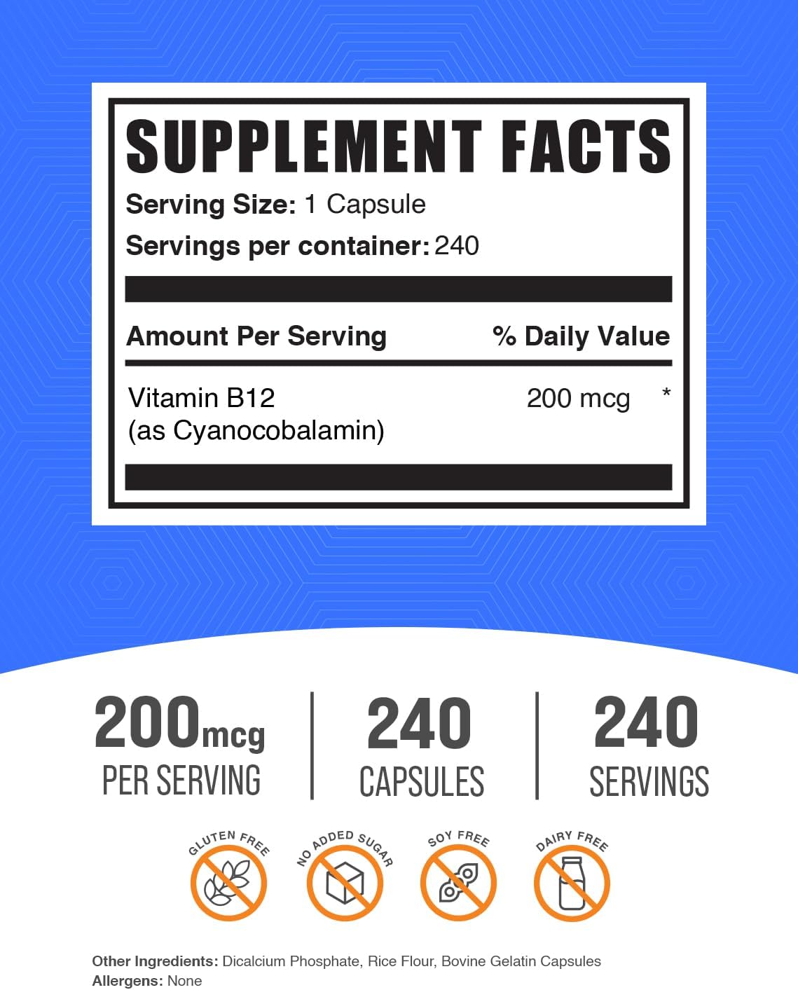 BulkSupplements.com Vitamin B12 Capsules - Cyanocobalamin 200 mcg - Energy Support, Gluten-free - 240 Capsules - görsel 2