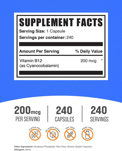 BulkSupplements.com Vitamin B12 Capsules - Cyanocobalamin 200 mcg - Energy Support, Gluten-free - 240 Capsules