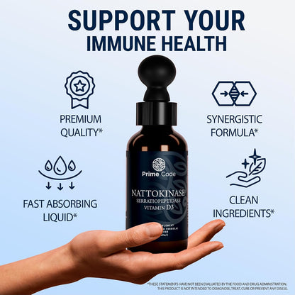Prime Code Nattokinase & Serratiopeptidase Liquid Drops with Vitamin D3, Non-GMO, Gluten-free