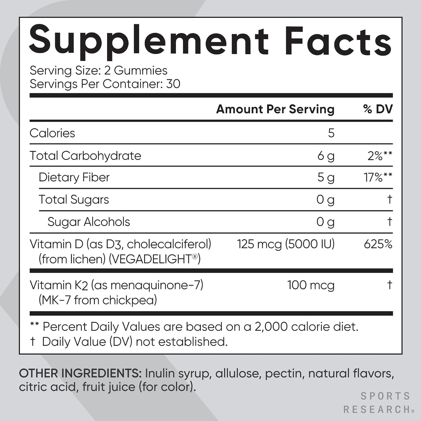 Sports Research® Vegan Vitamin D3 + K2 Gummies – 5000 IU D3 & 100 mcg MK-7 K2 – Sugar-Free – 60 Count - görsel 5