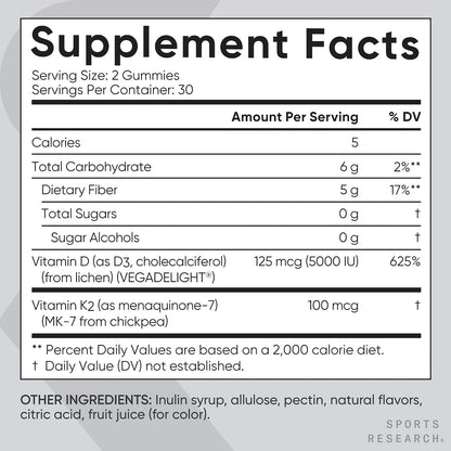Sports Research® Vegan Vitamin D3 + K2 Gummies – 5000 IU D3 & 100 mcg MK-7 K2 – Sugar-Free – 60 Count