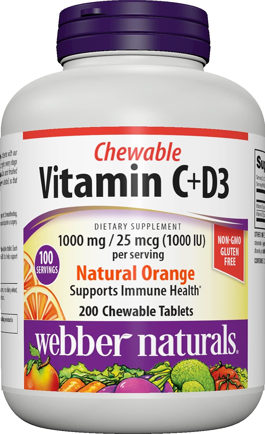 Webber Naturals Chewable Vitamin C 1000mg + D3, Orange Flavour, 200 Tablets - görsel 1