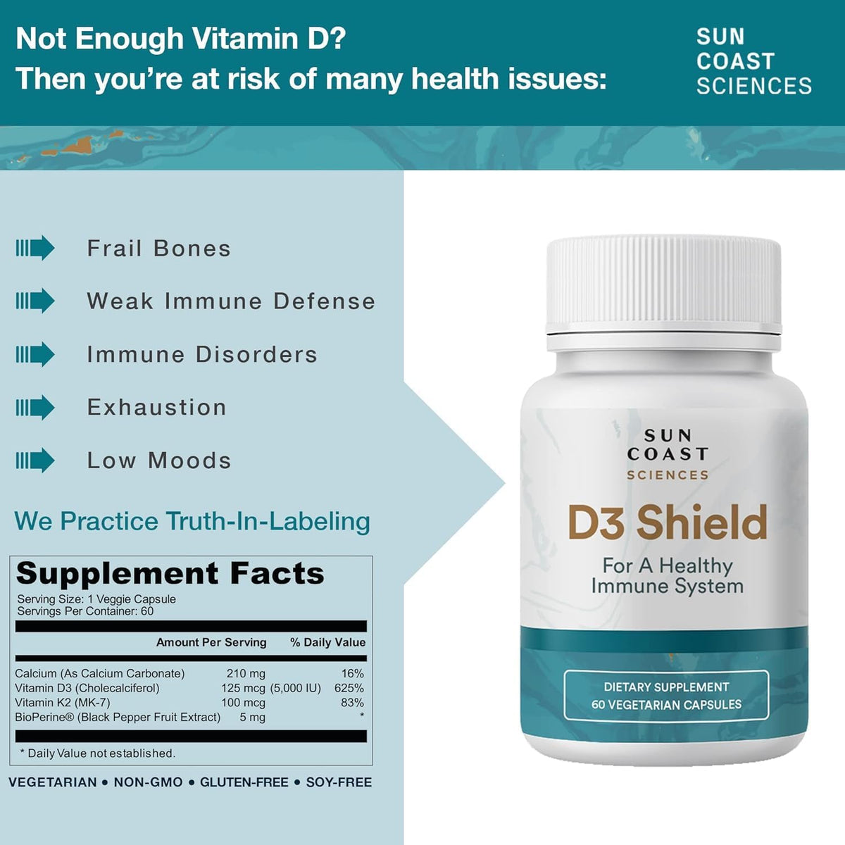 Sun Coast Sciences D3 Shield - Vitamin D3 5000 IU with K2 MK-7 and Calcium - 60 Vegetarian Capsules - görsel 4