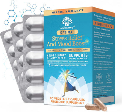 Optimal Stress Relief Supplement - Mood Support, Sleep Aid, KSM-66 Ashwagandha and Probiotics - 60 Capsules