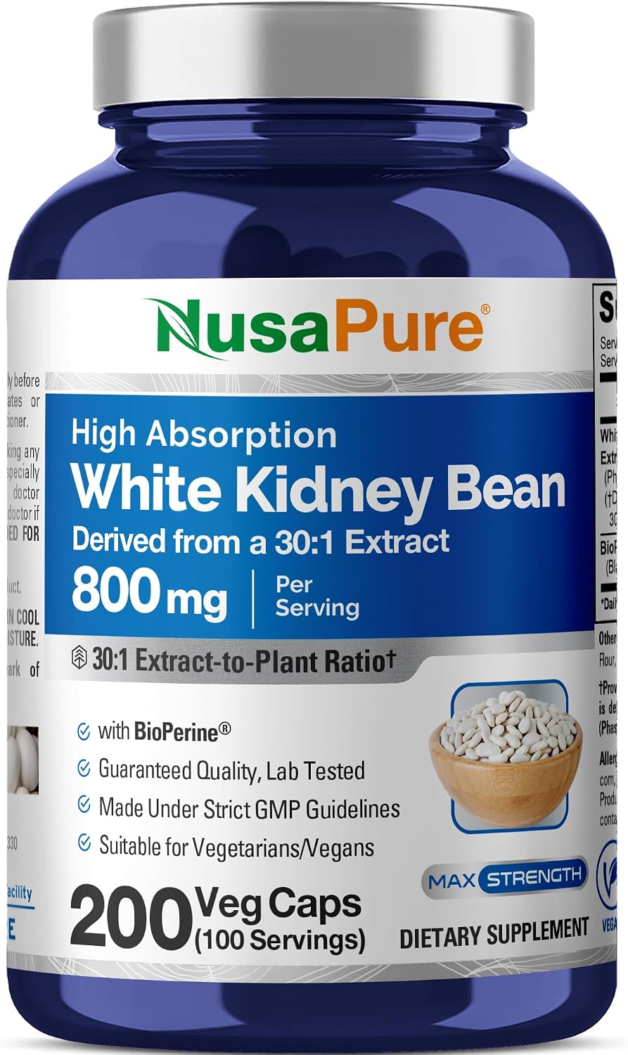 NusaPure White Kidney Bean Capsules, 800 mg, 200 Veg Capsules (Non-GMO, Vegan) - görsel 1