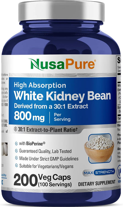 NusaPure White Kidney Bean Capsules, 800 mg, 200 Veg Capsules (Non-GMO, Vegan)