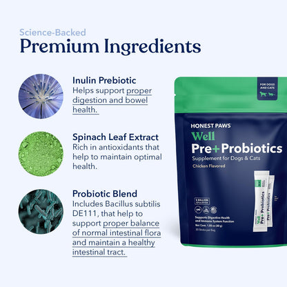 Honest Paws Probiotics for Dogs – Digestive & Immune Support Powder with Prebiotic, Chicken Flavour (30 Sticks)