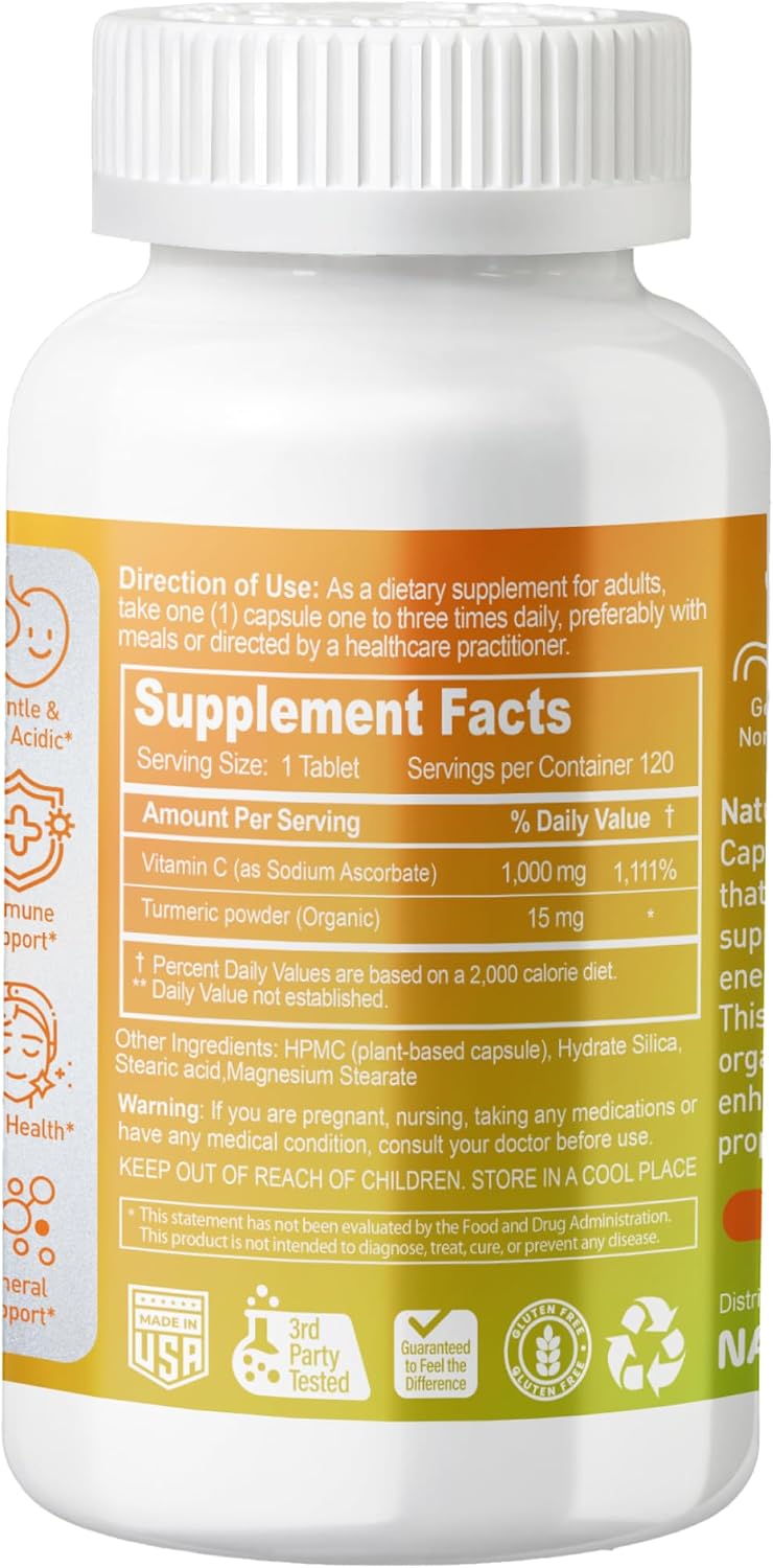 NATURION Buffered Vitamin C 1000mg with Organic Turmeric – Antioxidant & Immune Support – Healthy Skin & Joints – 120 Vegan Capsules - görsel 2