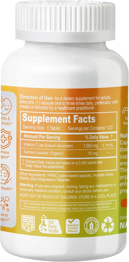 NATURION Buffered Vitamin C 1000mg with Organic Turmeric – Antioxidant & Immune Support – Healthy Skin & Joints – 120 Vegan Capsules