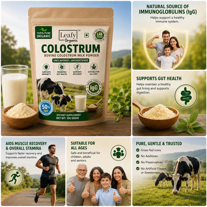 Leafy Organic Colostrum Powder Supplement – 100% Pure, Unflavoured, 100g – Gut Health & Immune Support