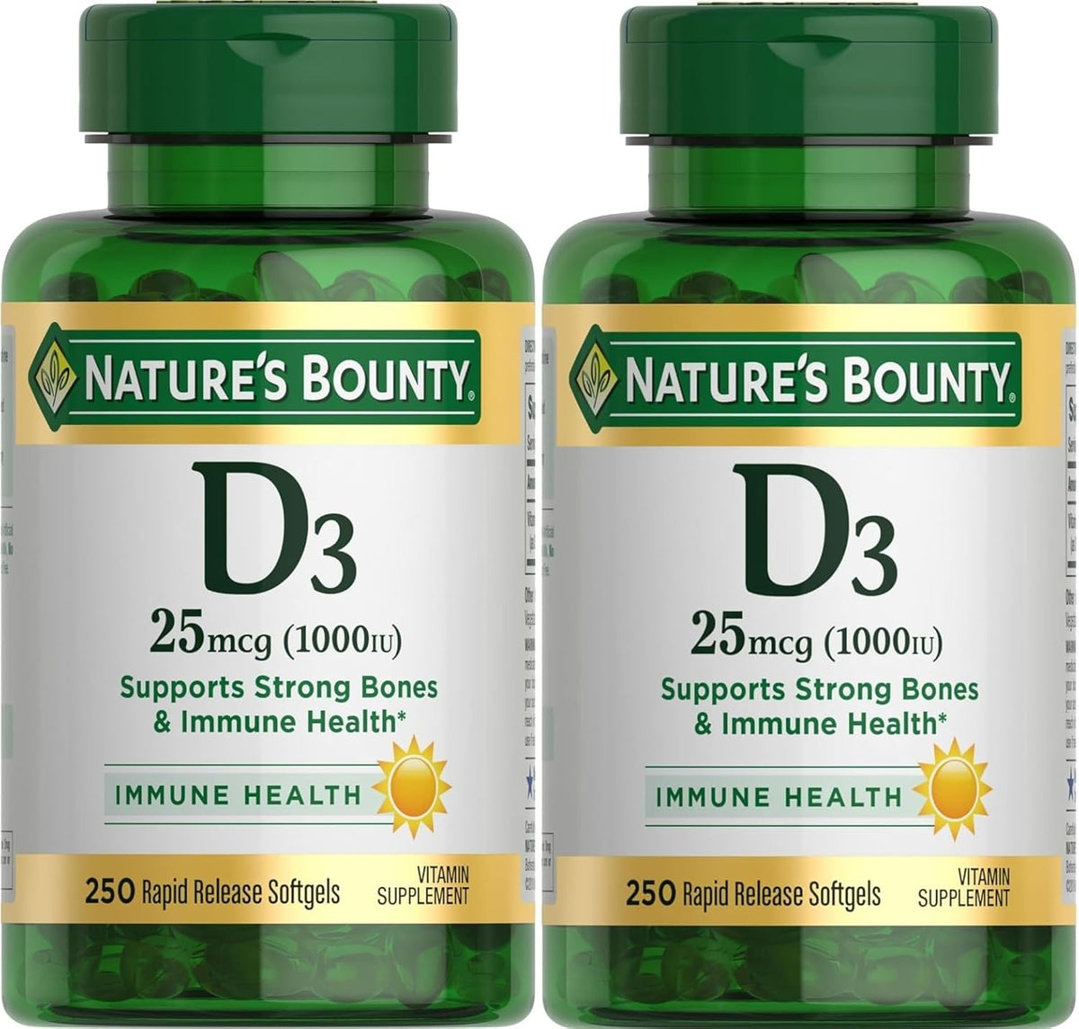 Nature's Bounty Vitamin D3 1000 IU, Rapid Release Soft Capsules, 250 Count (Pack of 2) - görsel 1