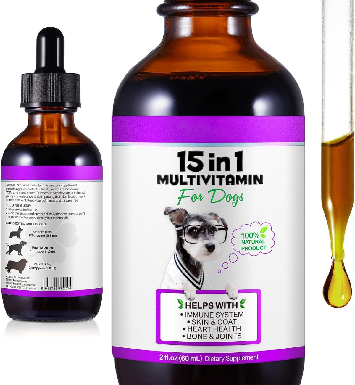 15-in-1 Dog Multivitamin Drops – Liquid Supplement with Glucosamine, MSM & Omega for Joint, Heart, Immune & Skin Health - görsel 1