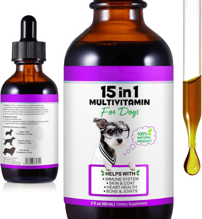 15-in-1 Dog Multivitamin Drops – Liquid Supplement with Glucosamine, MSM & Omega for Joint, Heart, Immune & Skin Health