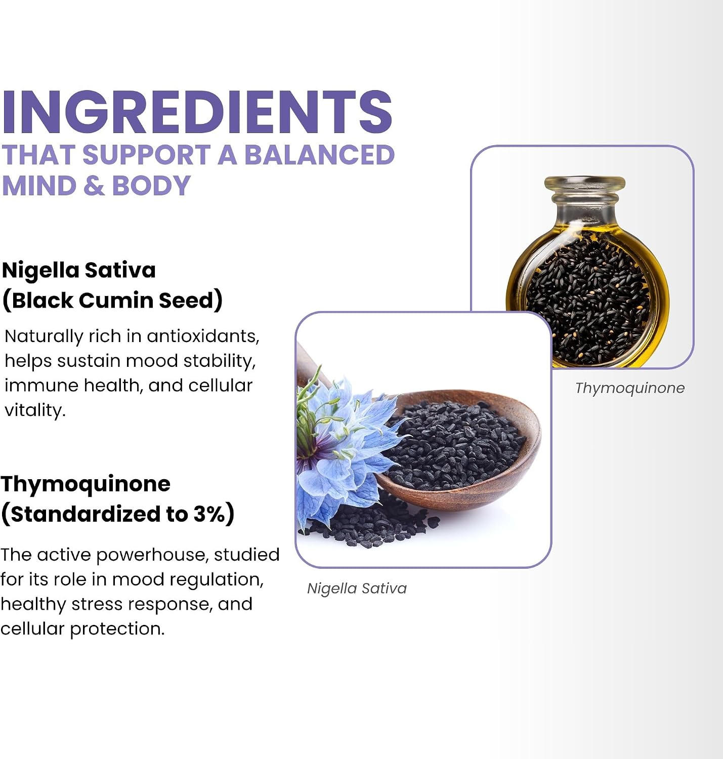 ThymoQuin Mood Support Supplement with Full-Spectrum, Cold Pressed Black Seed Oil with 3% Thymoquinone | Stress, Emotional Balance & Serotonin Support Brain Supplement for Men & Women, 60 Soft gel capsule Capsules - görsel 6