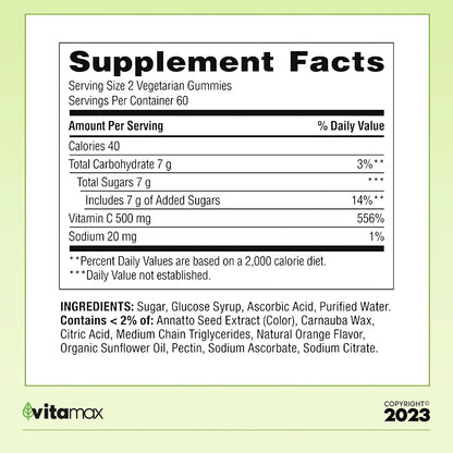 Spring Valley Extra Strength Vitamin C Gummies, 500 mg, 120 Count – Food Supplement – Orange Flavour