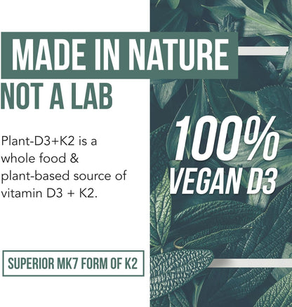 Organic Plant D3 + K2 | 5000 IU Vitamin D3 + 120 mcg Vitamin K2 (All-Trans MK7) – Vegan, Whole Food Supplement