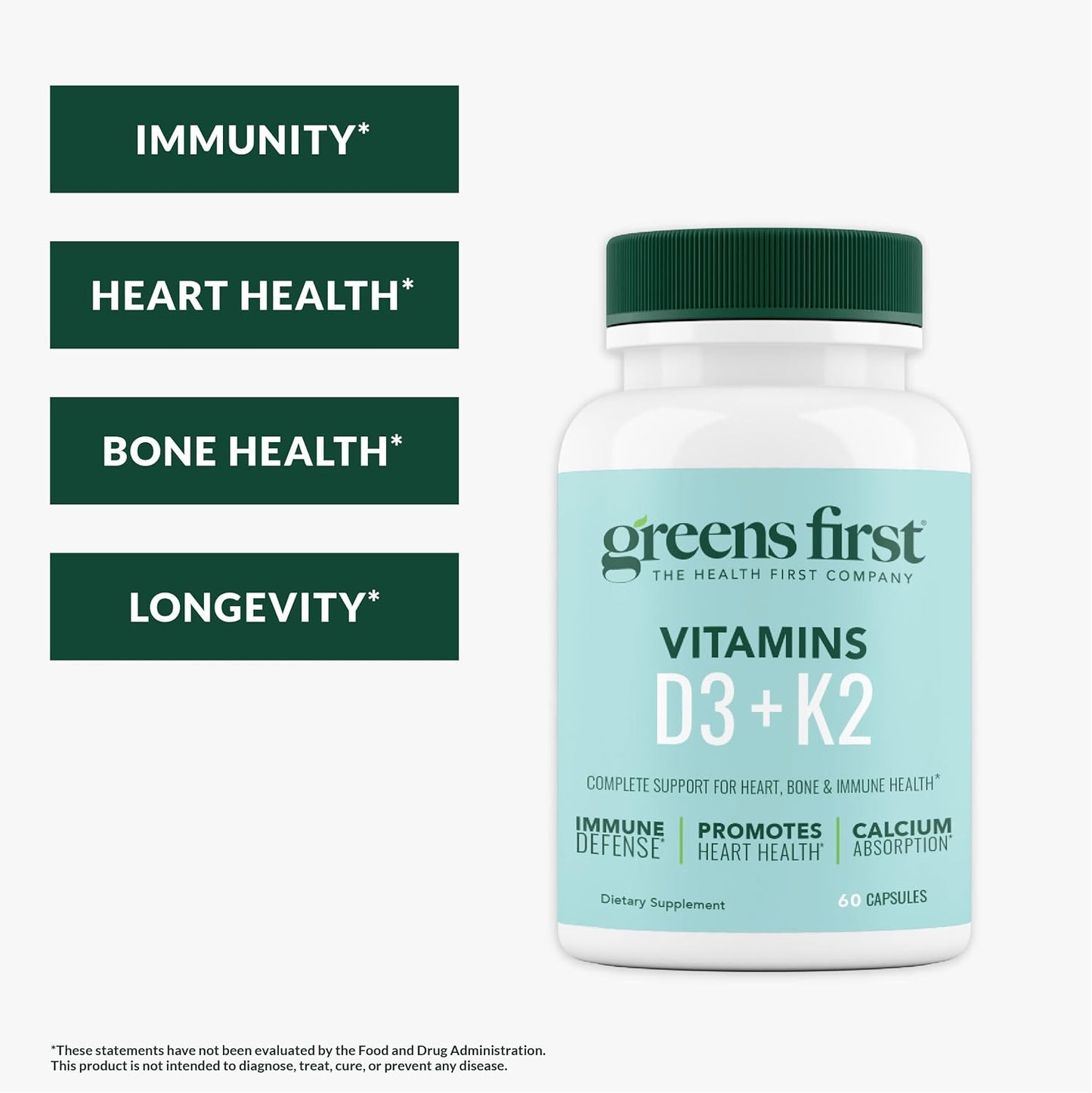 Greens First Vitamins D3+K2 – Support for Normal Bones, Immune System and Calcium Balance (60 Vegetable Capsules) - görsel 2