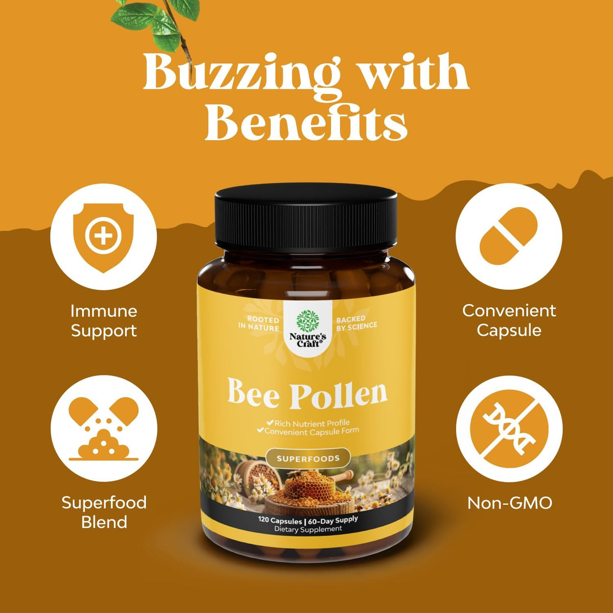 Bee Pollen Capsules for Breast Health 120 Capsules - Bee Pollen Supplement 1000mg per Serving with Naturally Occurring B Vitamins, Minerals & Enzymes - Breast Support Supplement - Vegetarian, Non-GMO & Gluten-free - görsel 3