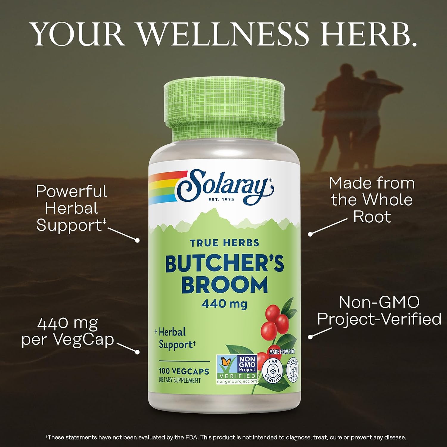 SOLARAY True Herbs Butcher's Broom 440mg - Non-GMO, Vegan, Gluten Free, 100 VegCaps - görsel 3