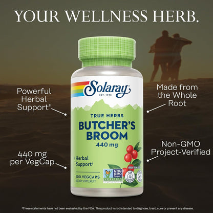 SOLARAY True Herbs Butcher's Broom 440mg - Non-GMO, Vegan, Gluten Free, 100 VegCaps