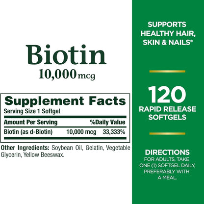 Nature's Bounty Biotin 10000 mcg, Supports Healthy Hair, Skin and Nails - Rapid Release Soft gel capsule Capsules - 120 Count