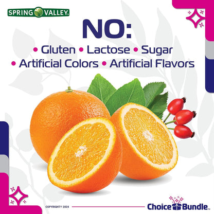 Spring Valley Vitamin C 1000 mg with Rose Hips – 250 Tablets + Bonus Guide & Pill Container